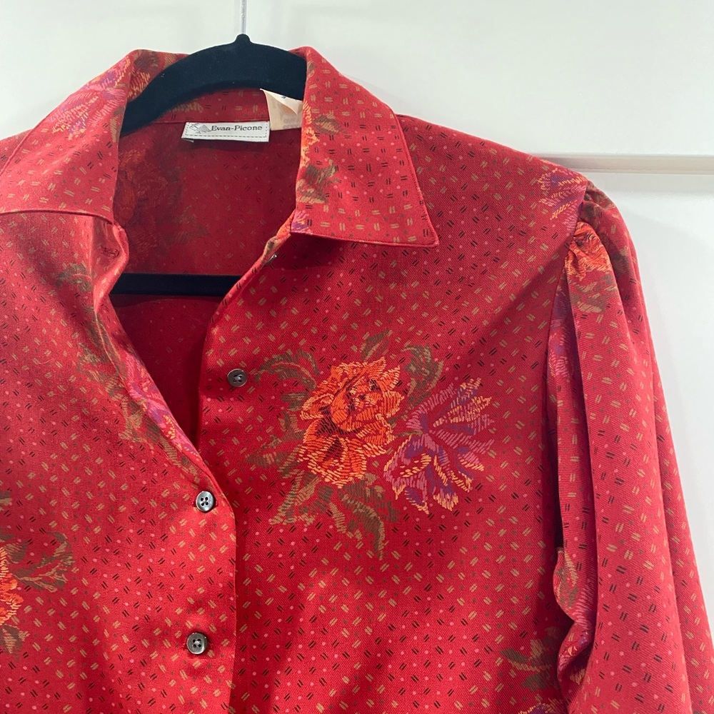 Evan Picone vintage long sleeve puff button up blouse, rose and cross stitch